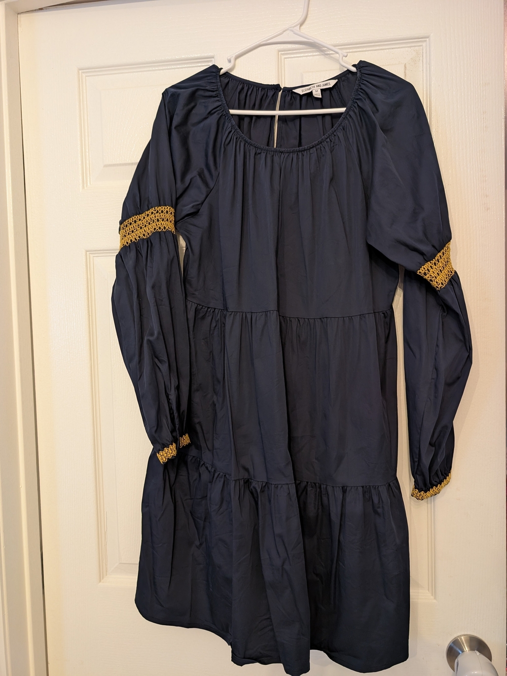 Girls' Navy Blue Tiered Dress with Gold Trim